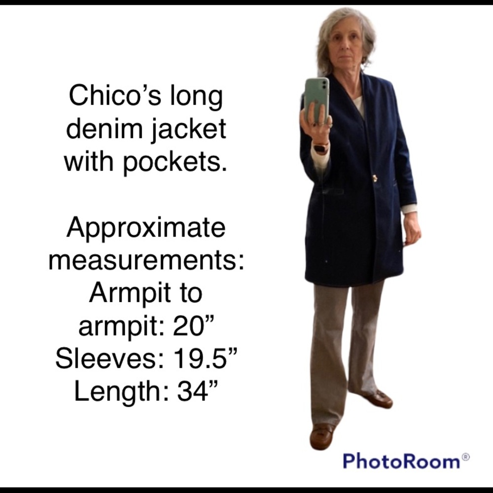 Size 1 (8-10 misses) Chico’s long denim jacket.